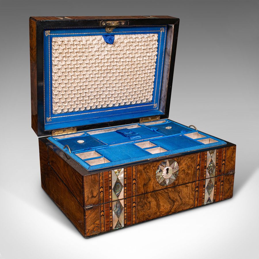 Antique Antique Ladies Utility Box, English, Burr Walnut, Writing Slope, Sewing, Regency