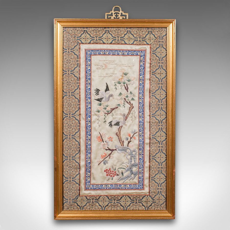 Antique Antique Decorative Panel, Japanese, Framed, Silk Cotton Embroidery, Victorian