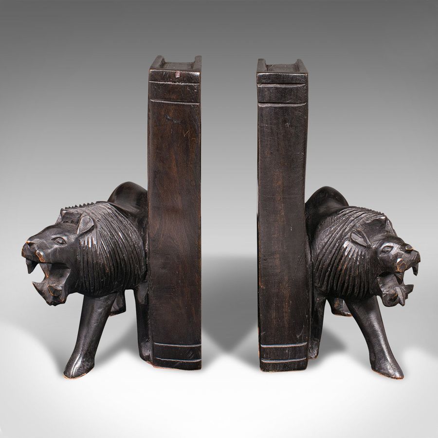 Antique Pair of Antique Carved Lion Bookends, Oriental, Ebonised, Book Rest, Victorian