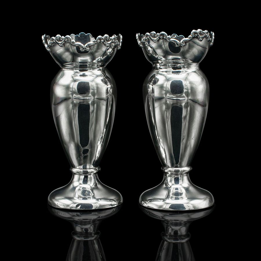Antique Pair Of Antique Duck Egg Cups, English, Silver, Vase, Edwardian, Hallmarked 1904