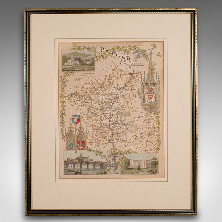 Antique Antique Lithography Map, Worcestershire, English, Framed Engraving, Cartography