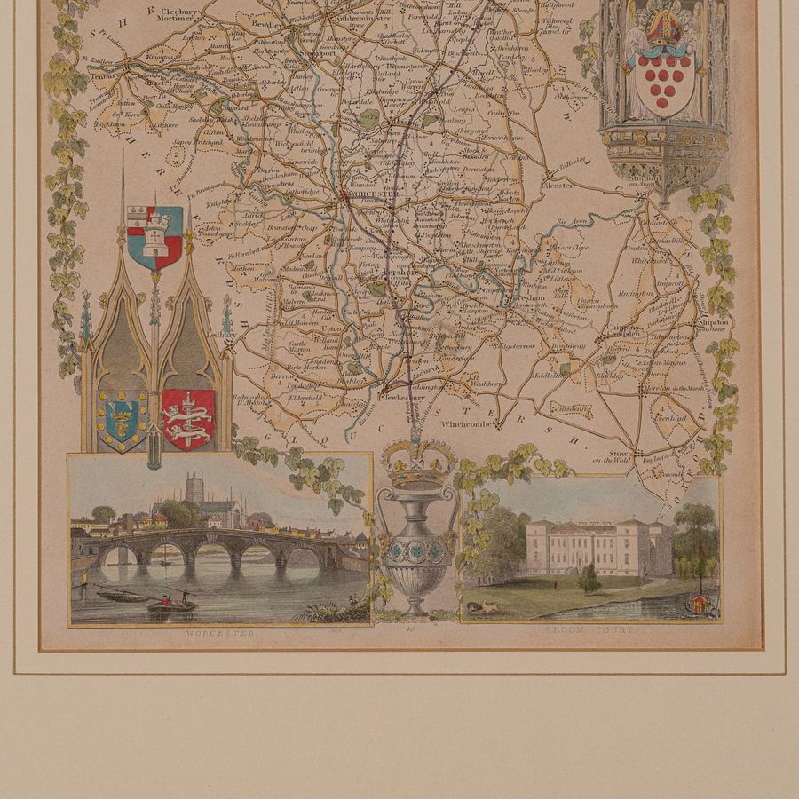 Antique Antique Lithography Map, Worcestershire, English, Framed Engraving, Cartography