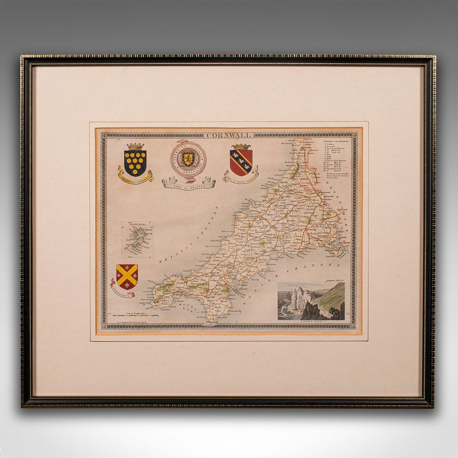 Antique Antique Lithography Map, Cornwall, English Framed Engraving, Cartography, C.1850