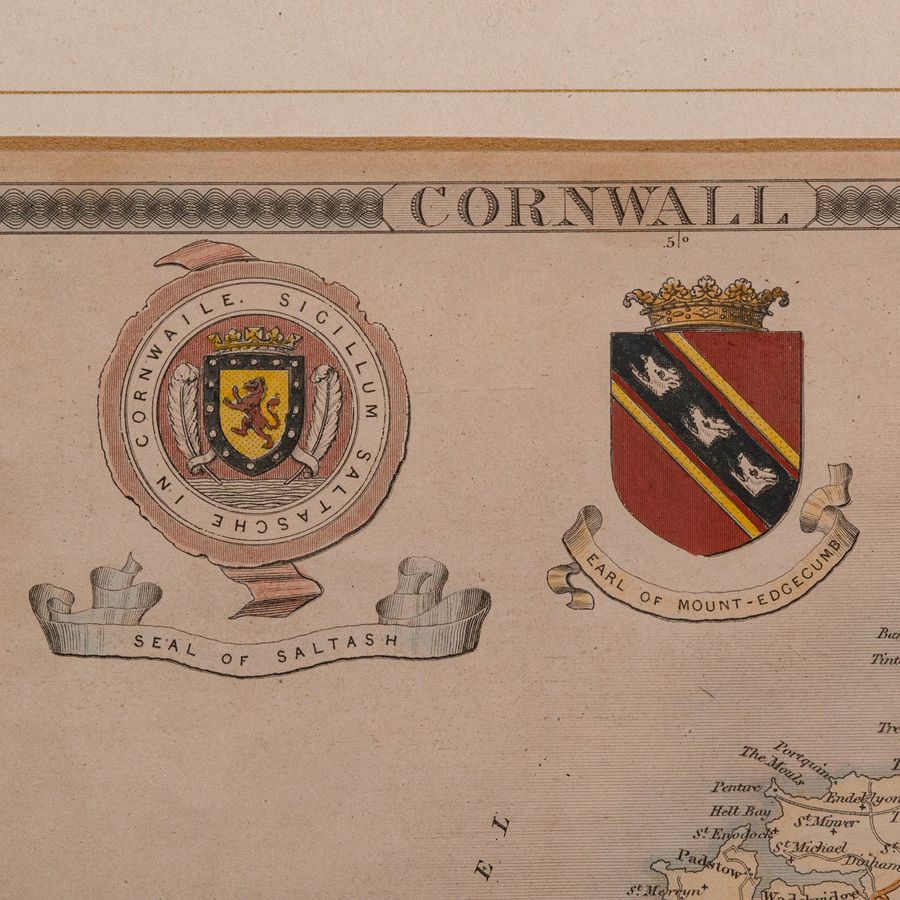 Antique Antique Lithography Map, Cornwall, English Framed Engraving, Cartography, C.1850