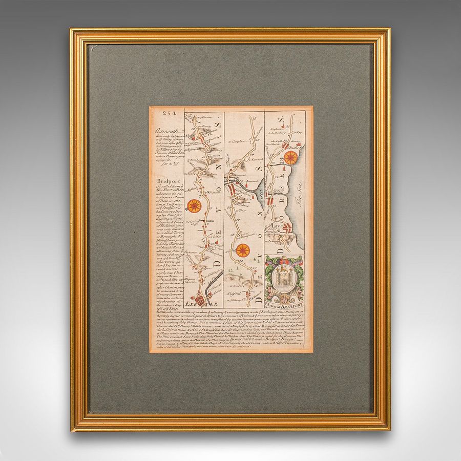 Antique Antique Coach Road Map, East Devon, English, Framed, Cartography, Georgian, 1720