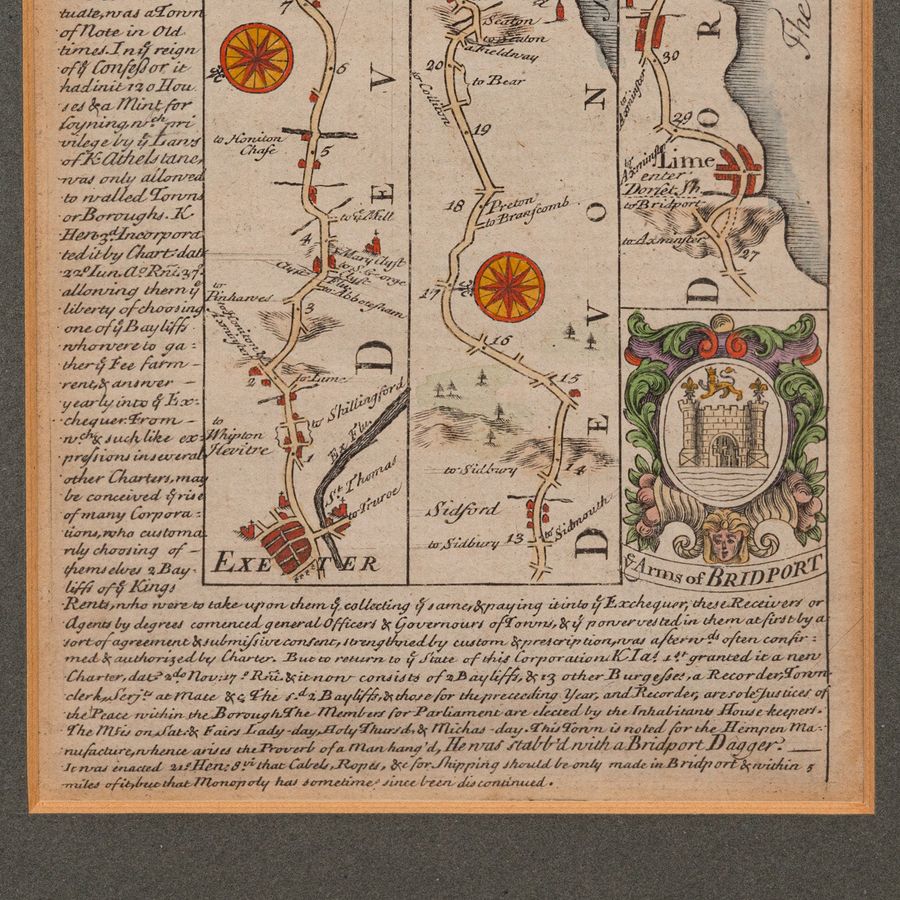 Antique Antique Coach Road Map, East Devon, English, Framed, Cartography, Georgian, 1720