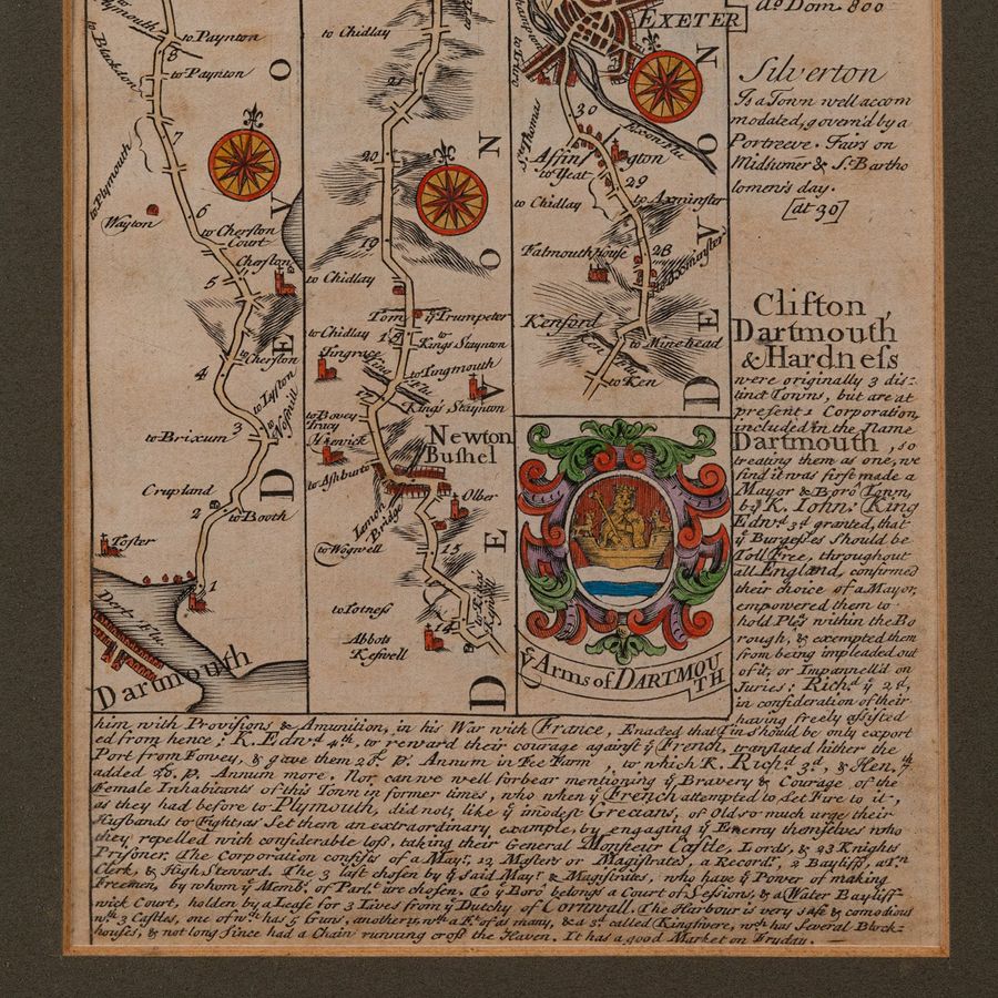 Antique Antique Coaching Road Map, South Devon, English, Framed, Cartography, Georgian