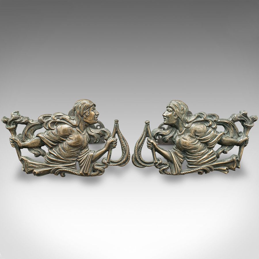 Antique Pair Of Antique Figural Andirons, French Bronze, Fireside, Country House, C.1850