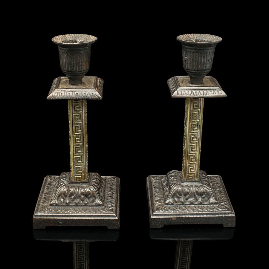 Antique Pair Of Antique Aesthetic Period Candlesticks, English, Brass, Stand, Victorian
