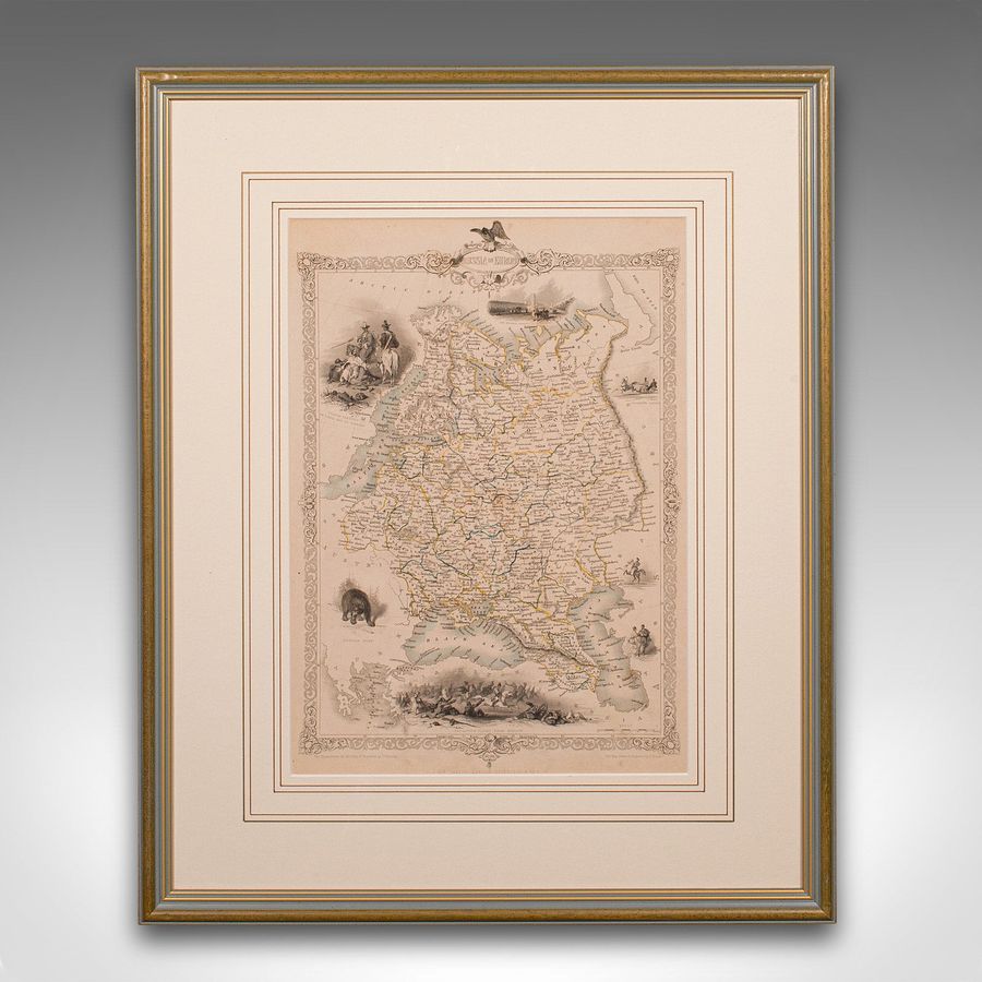Antique Antique Lithography Map, Western Russia, English, Framed, Cartography, Victorian