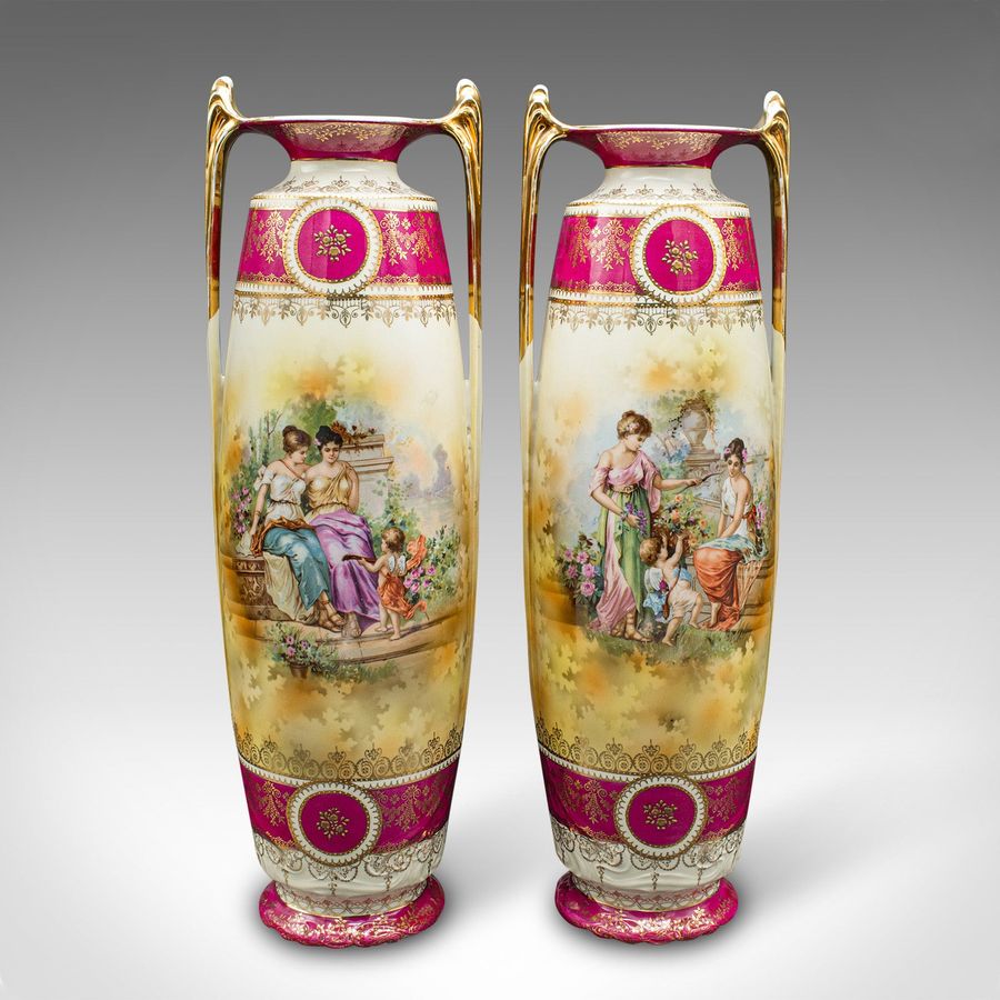 Antique Pair Of Tall Antique Stem Vases, Austrian, Ceramic, Flower Sleeve, Victorian