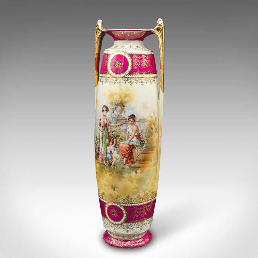Antique Pair Of Tall Antique Stem Vases, Austrian, Ceramic, Flower Sleeve, Victorian