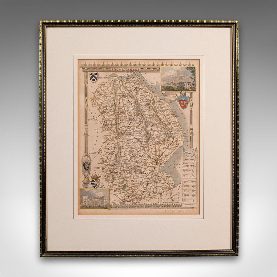 Antique Antique Lithography Map, Lincolnshire, English, Framed, Engraving, Cartography
