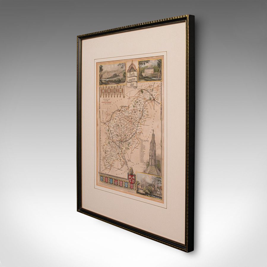 Antique Antique Lithography Map, Northamptonshire, English, Framed Cartography, C.1860