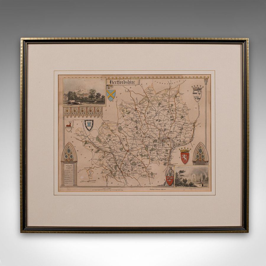 Antique Antique Lithography Map, Hertfordshire, English, Framed Engraving, Cartography