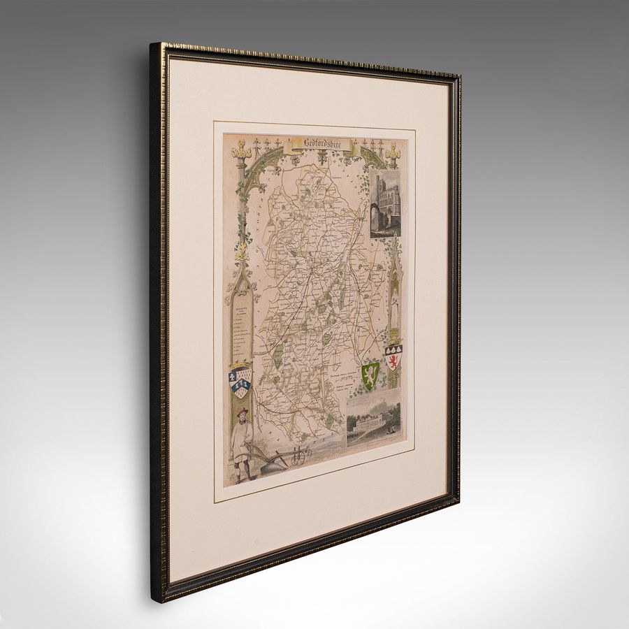 Antique Lithography Map, Bedfordshire, English, Framed Engraving, Cartography