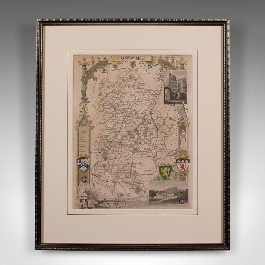 Antique Antique Lithography Map, Bedfordshire, English, Framed Engraving, Cartography