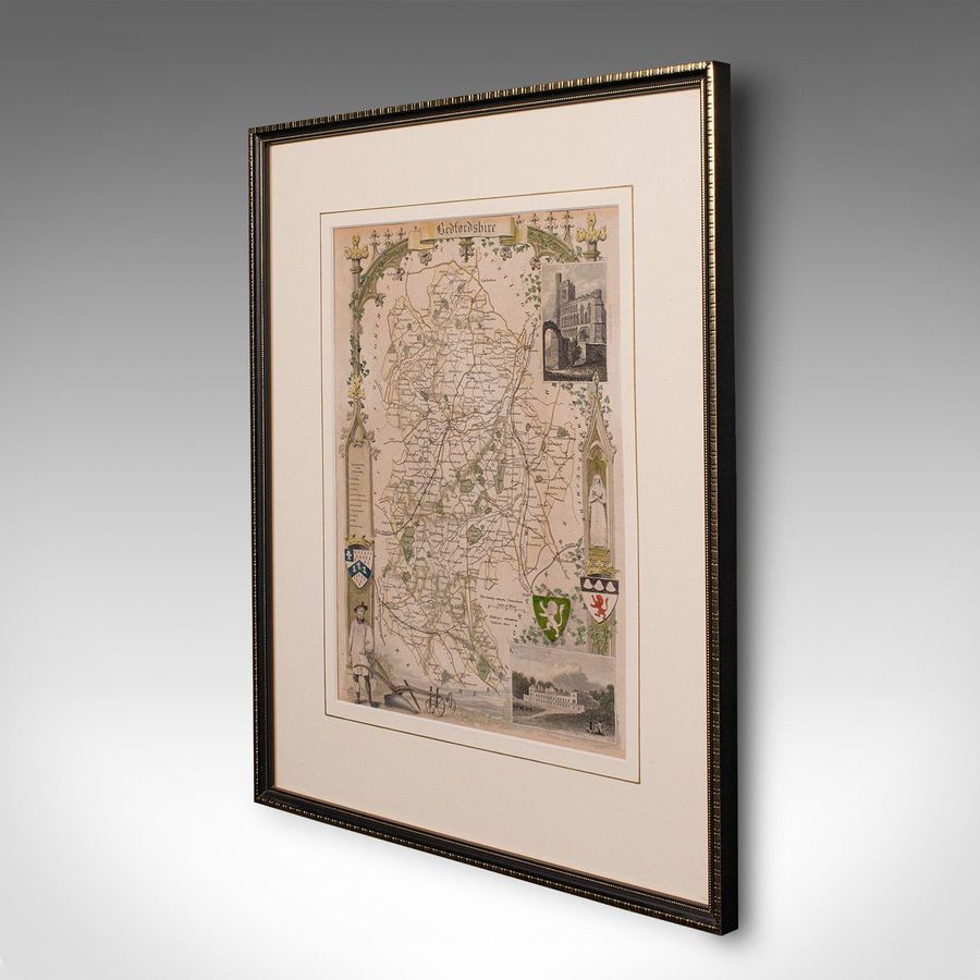 Antique Antique Lithography Map, Bedfordshire, English, Framed Engraving, Cartography