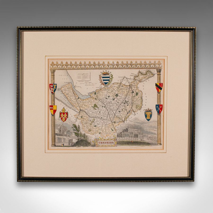 Antique Antique Lithography Map of Cheshire, English, Framed, Cartography, Victorian