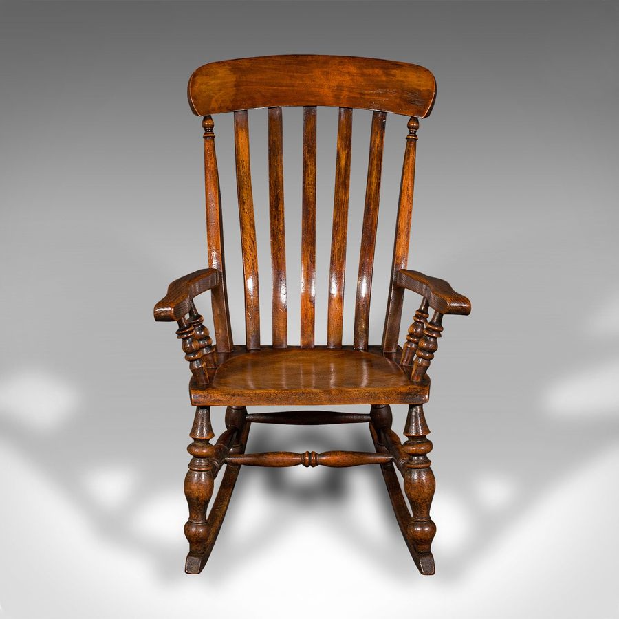 Antique Antique Lath Back Rocking Chair, English Elm, Beech, Elbow Seat, Victorian, 1880