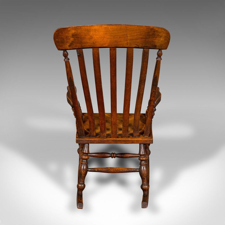Antique Antique Lath Back Rocking Chair, English Elm, Beech, Elbow Seat, Victorian, 1880