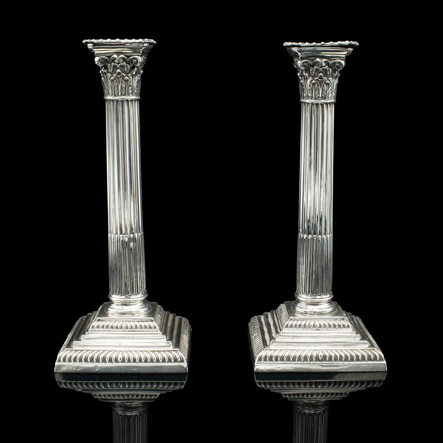 Antique Pair Of Antique Decorative Candlesticks, English, Silver Plate, Late Victorian