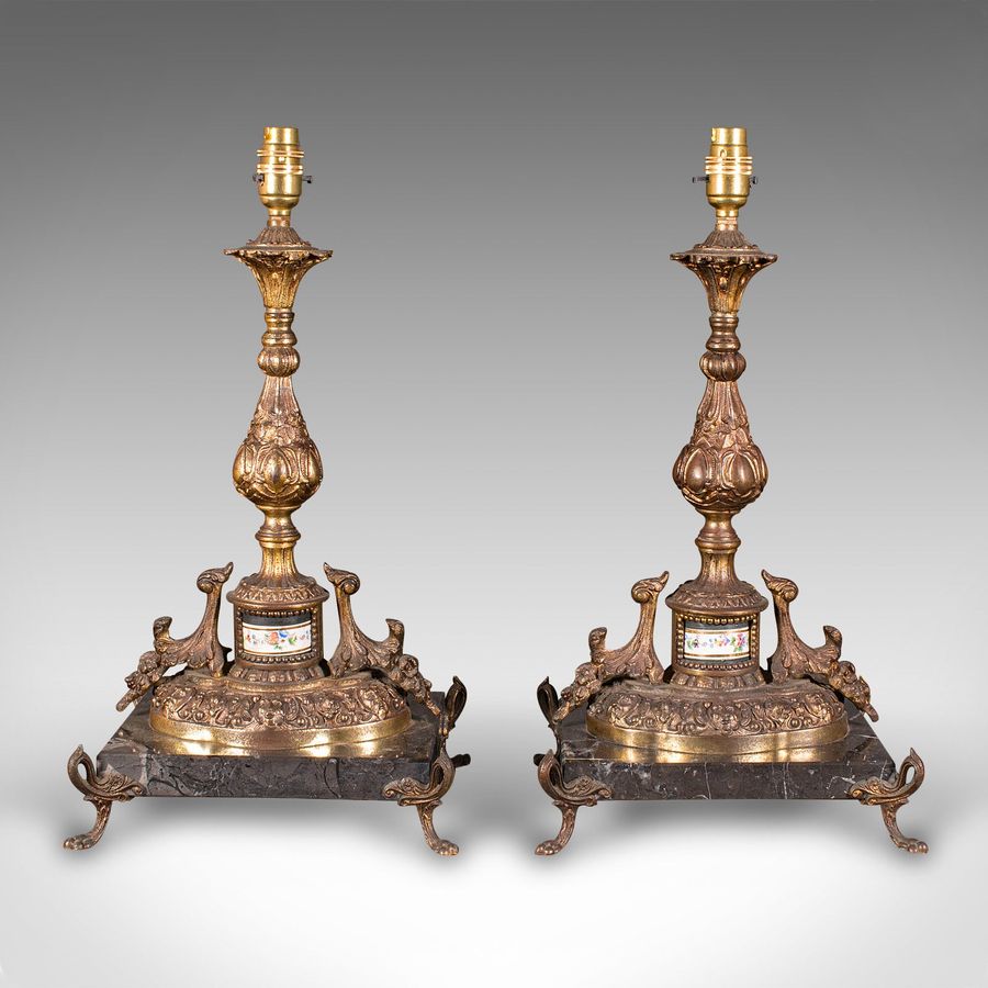 Antique Pair Of Antique Lamp Bases, French, Gilt Metal, Marble, Table Light, Edwardian