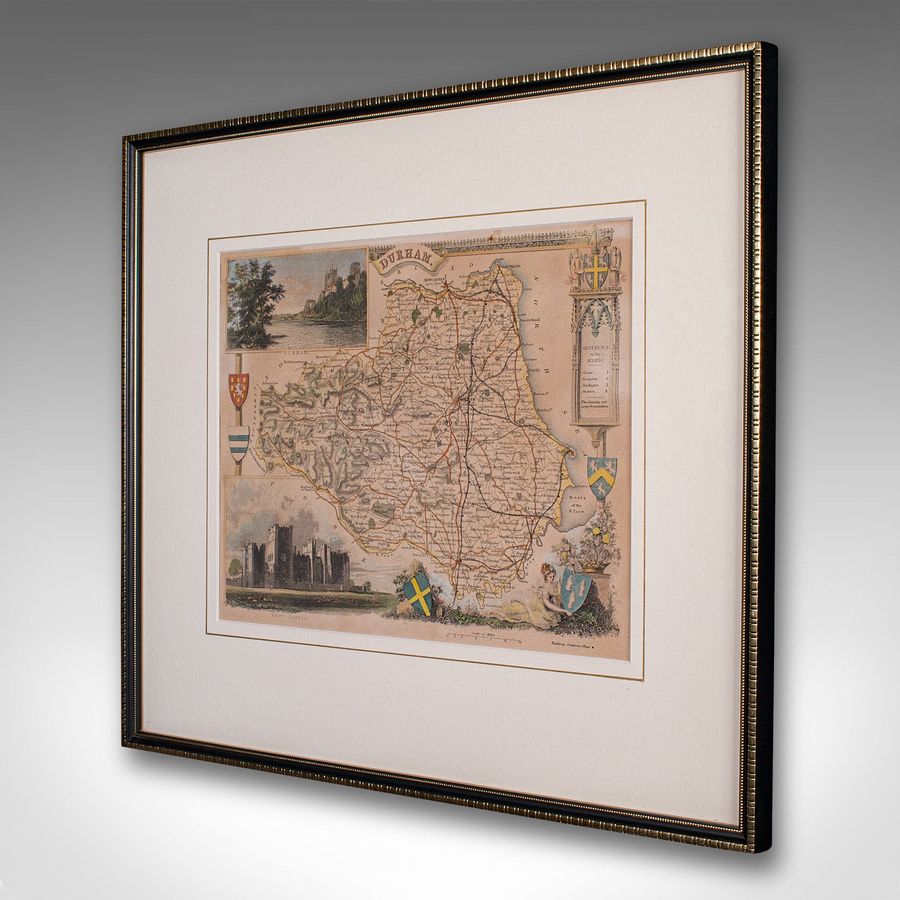 Antique Antique Lithography Map, County Durham, English, Framed Cartography, Victorian