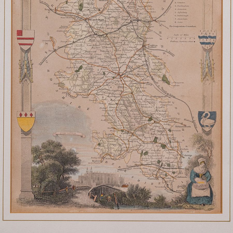 Antique Antique Lithography Map, Buckinghamshire, English, Framed Cartography, Victorian
