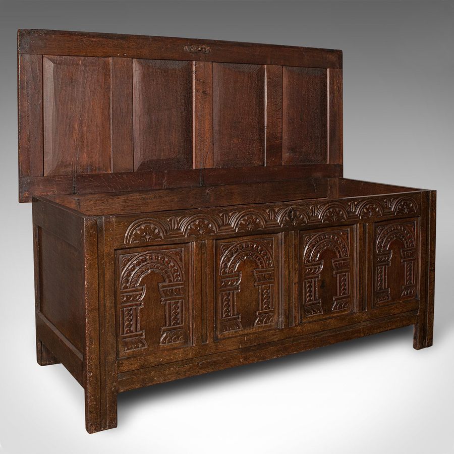 Antique Large Antique Coffer, English, Oak, Carved Trunk, Window Seat, William III, 1700