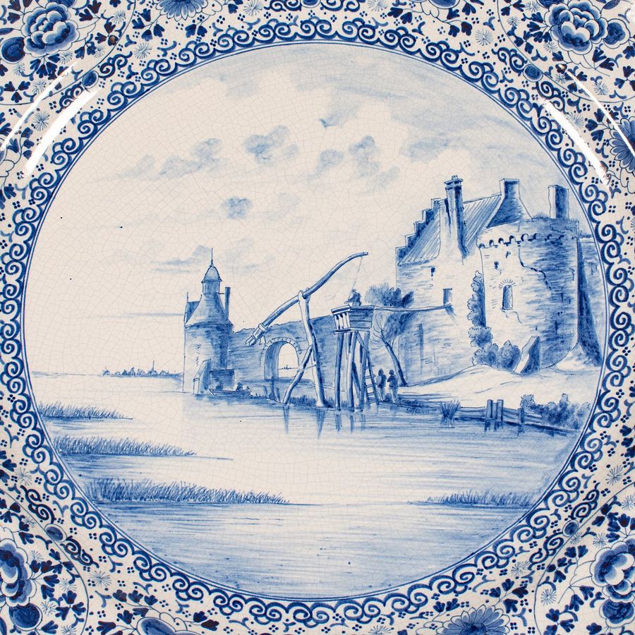 Antique Large Antique Charger, Belgian, Ceramic, Serving Plate, Blue & White, Circa 1920