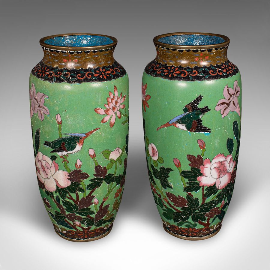 Antique Pair Of Antique Baluster Vases, Japanese, Cloisonne Flower Urn, Meiji, Victorian