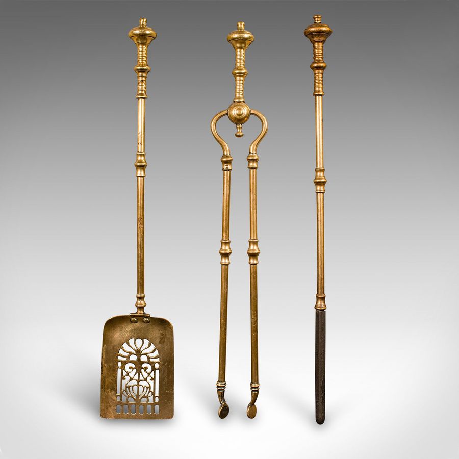 Antique Trio of Antique Fire Tools, English Brass, Companion Set, Georgian, Circa 1800