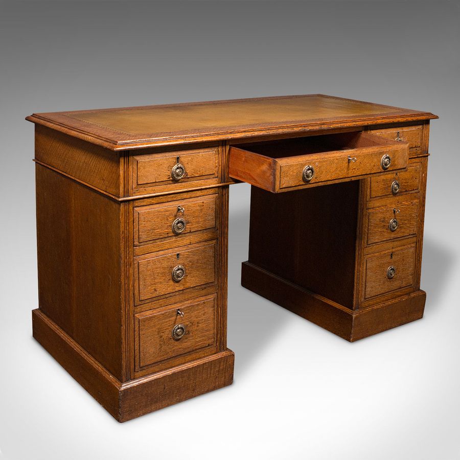 Antique Antique Pedestal Desk, English, Oak, Leather, Nine Drawer, Edwardian, Circa 1910