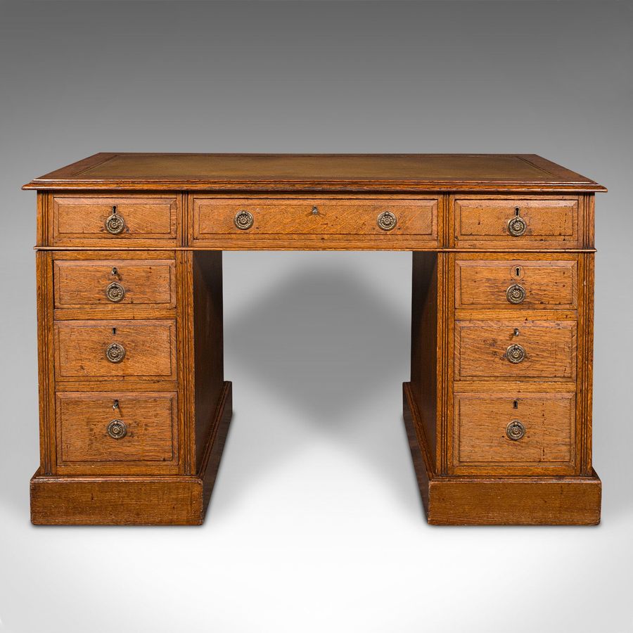 Antique Antique Pedestal Desk, English, Oak, Leather, Nine Drawer, Edwardian, Circa 1910