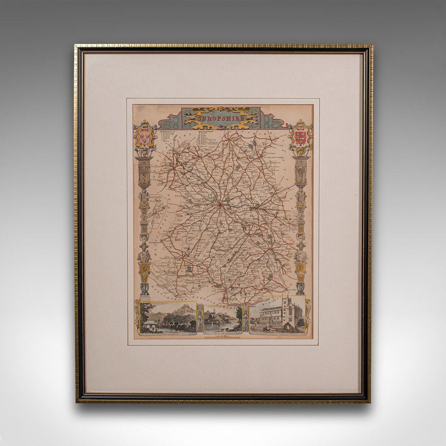 Antique Antique Lithography Map, Shropshire, English, Framed, Cartography, Victorian