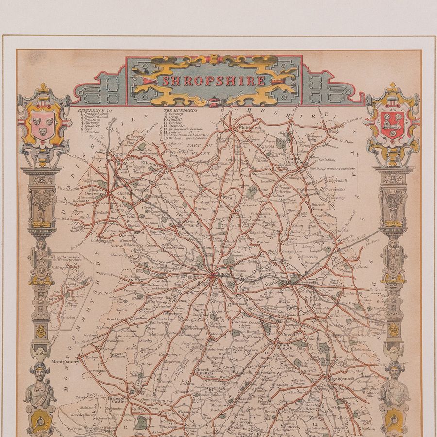 Antique Antique Lithography Map, Shropshire, English, Framed, Cartography, Victorian