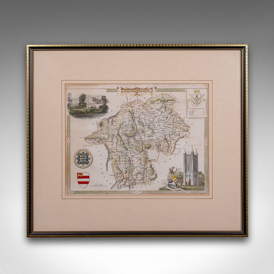 Antique Antique Lithography Map, Westmoreland, English, Framed, Cartography, Victorian