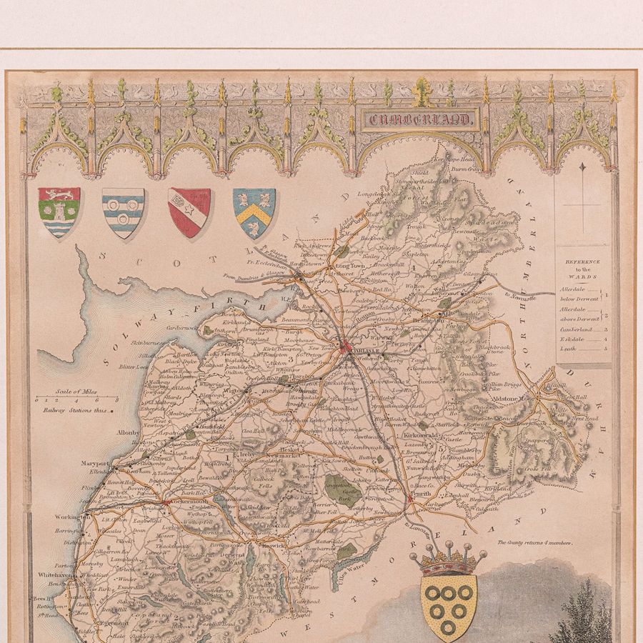 Antique Antique Lithography Map, Cumberland, English, Framed, Cartography, Victorian