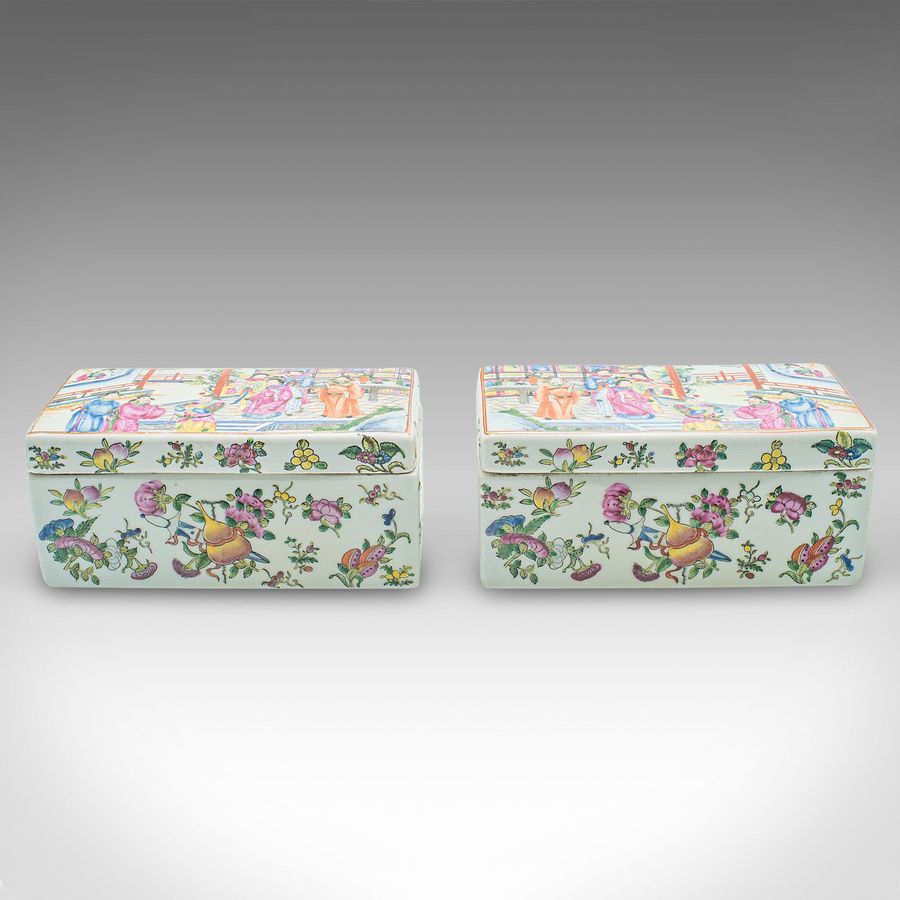 Antique Pair Of Antique Decorative Boxes, Chinese, Ceramic, Lidded Dish, Victorian, 1900