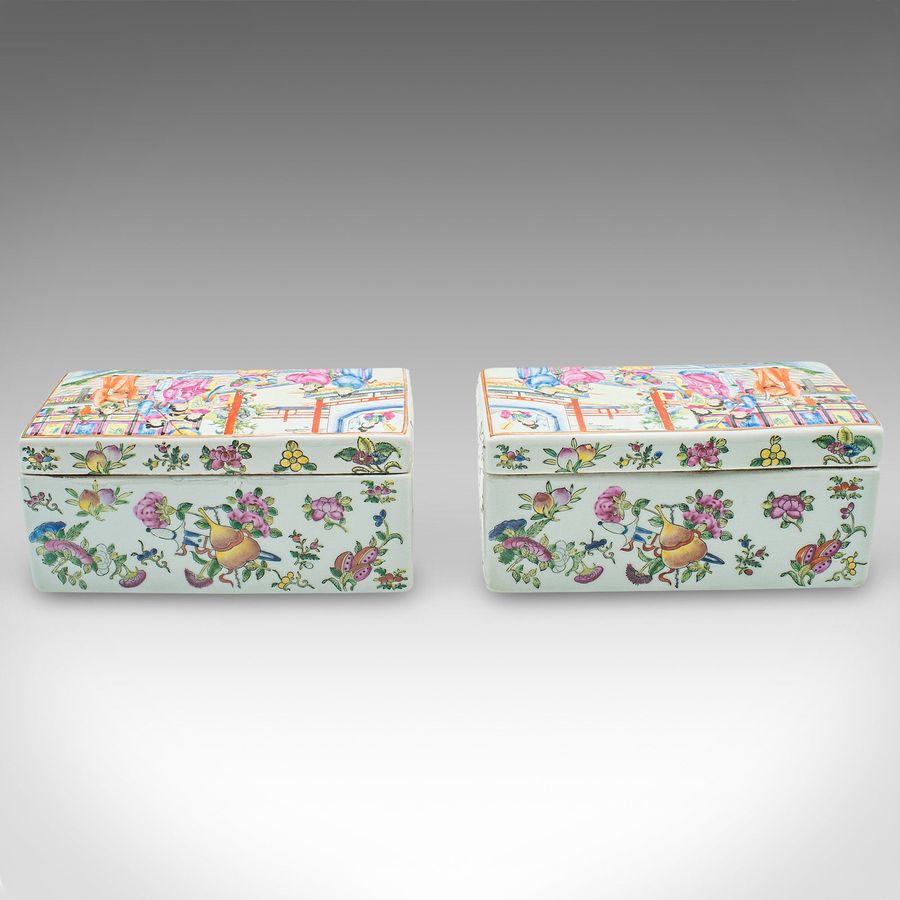 Antique Pair Of Antique Decorative Boxes, Chinese, Ceramic, Lidded Dish, Victorian, 1900