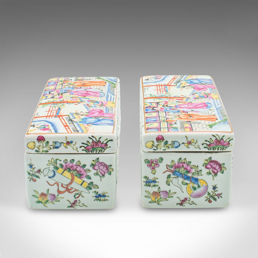 Antique Pair Of Antique Decorative Boxes, Chinese, Ceramic, Lidded Dish, Victorian, 1900