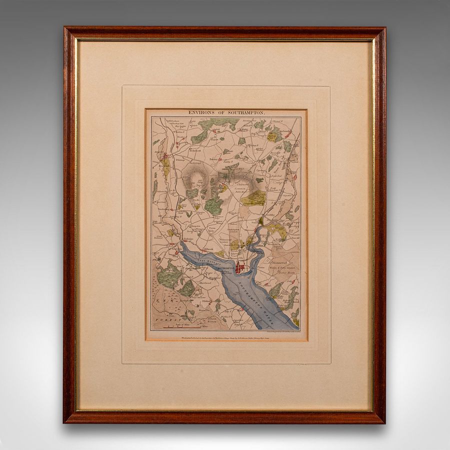 Antique Antique Lithography Map, Environs of Southampton, English, Framed, Victorian