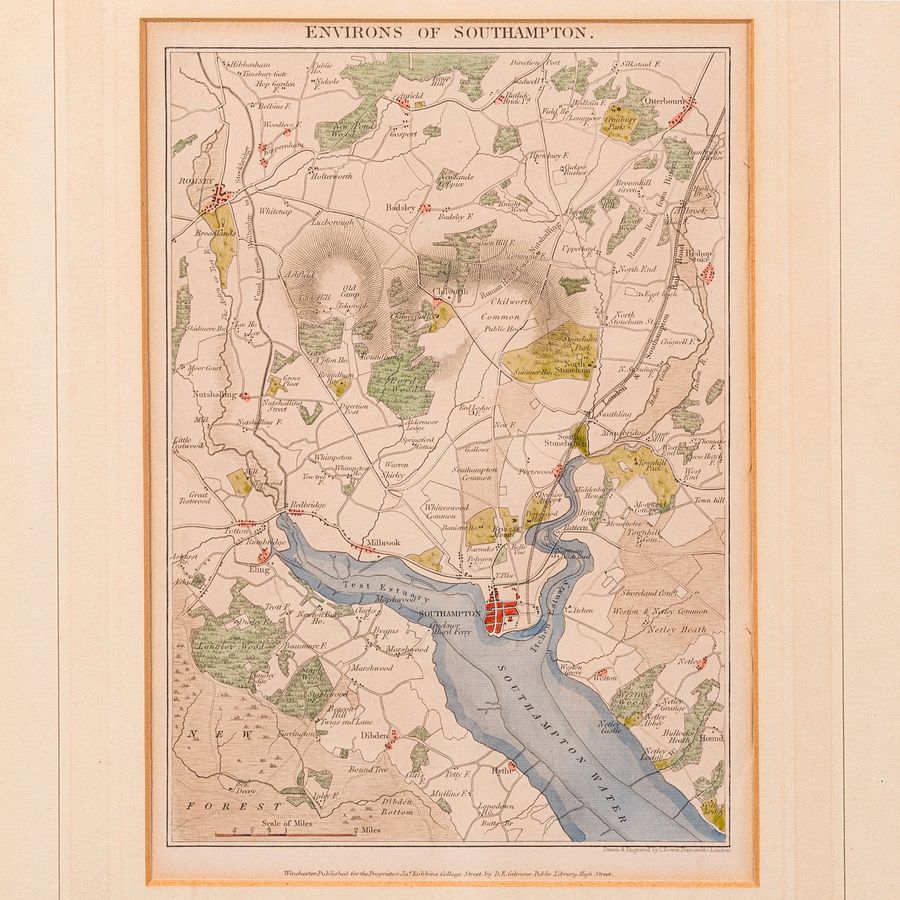 Antique Antique Lithography Map, Environs of Southampton, English, Framed, Victorian