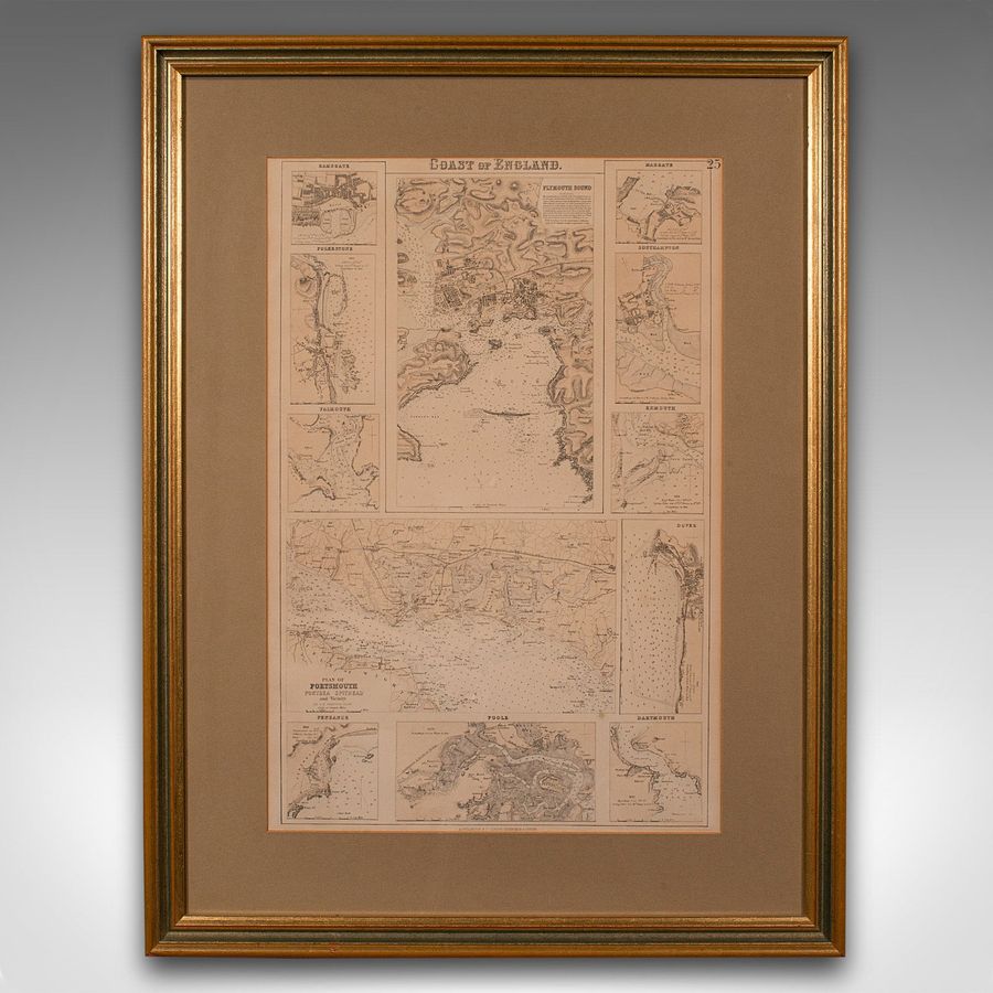 Antique Antique Lithography Map, Coastal England, Framed Cartography Interest, Victorian