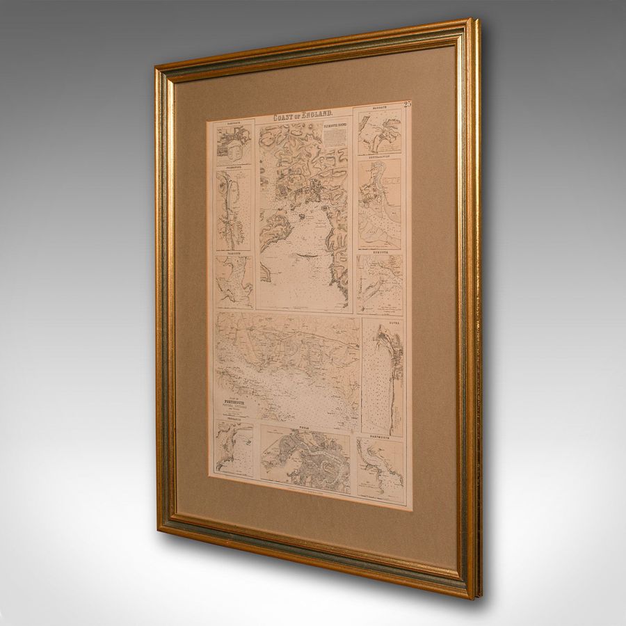 Antique Antique Lithography Map, Coastal England, Framed Cartography Interest, Victorian