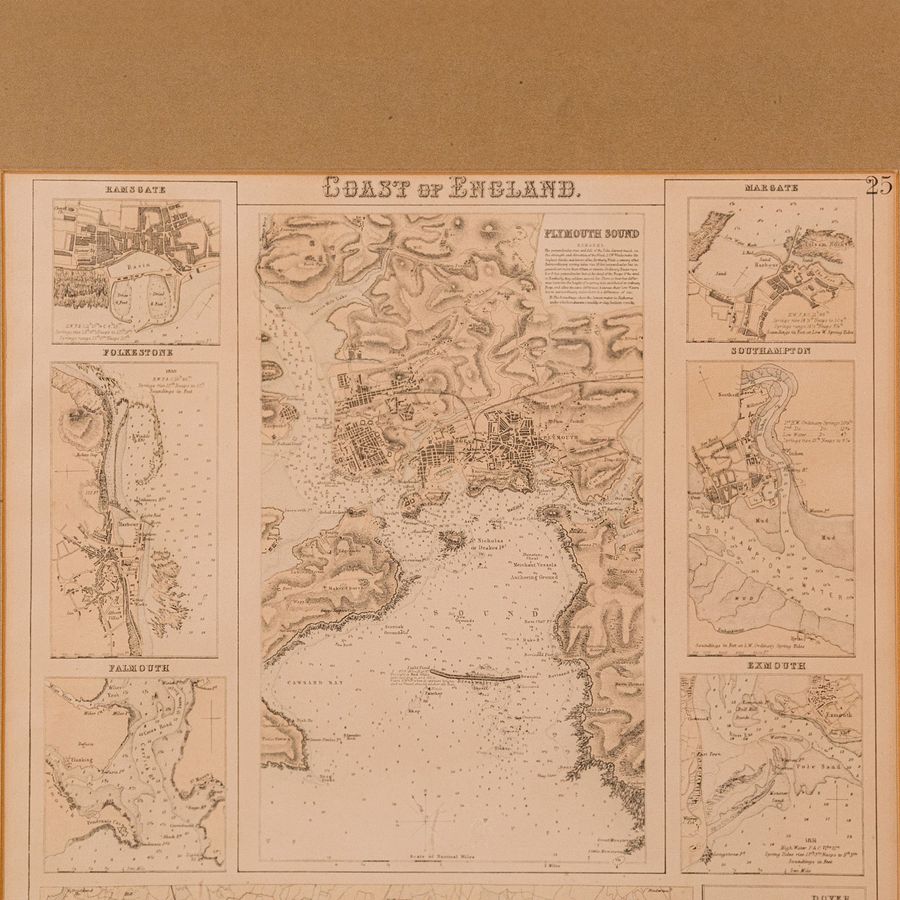 Antique Antique Lithography Map, Coastal England, Framed Cartography Interest, Victorian