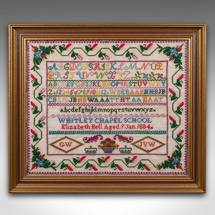 Antique Antique School Sampler, English, Needlepoint Embroidery Display, Victorian, 1884