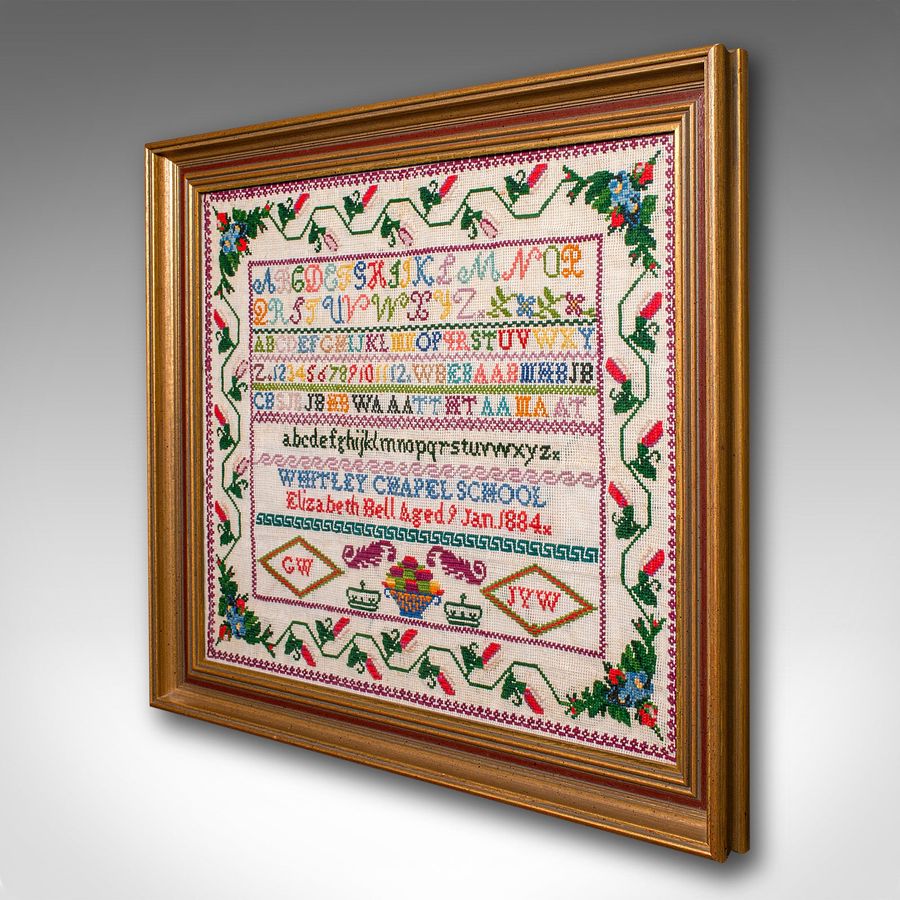 Antique Antique School Sampler, English, Needlepoint Embroidery Display, Victorian, 1884