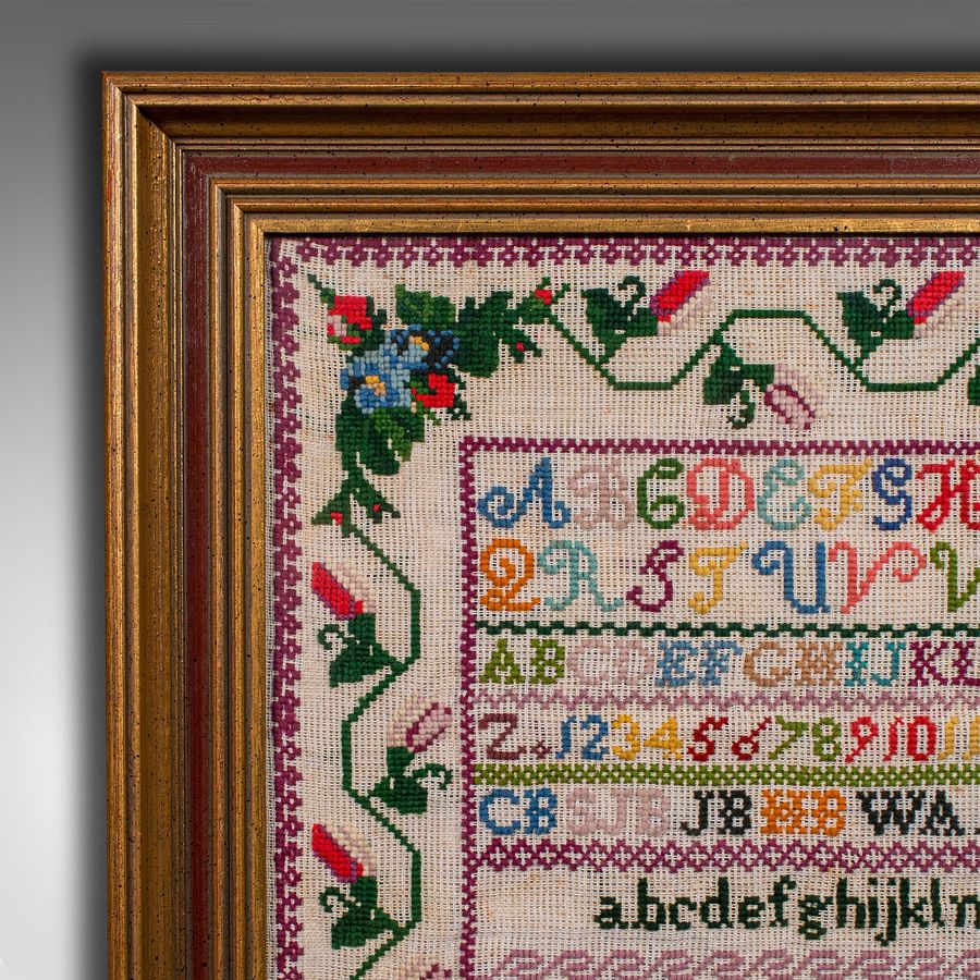 Antique Antique School Sampler, English, Needlepoint Embroidery Display, Victorian, 1884